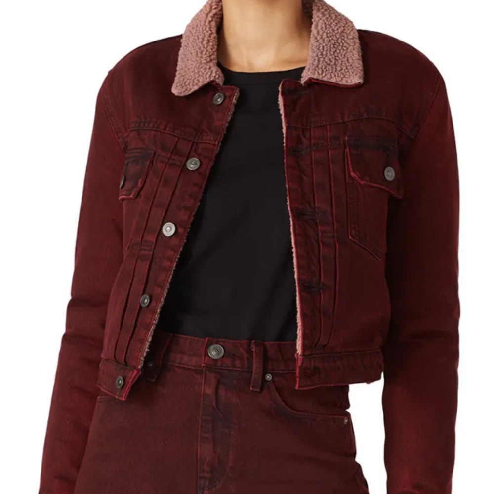 Hudson Womens Lola Shrunken Trucker Jacket Burgundy Faux Shearling XS
